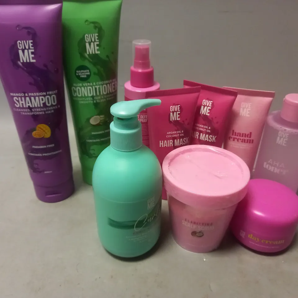 APPROXIMATELY 10 ASSORTED GIVE ME BEAUTY PRODUCTS TO INCLUDE CONDITIONER, HAIR MASK, CURLY SHAMPOO, AHA TONER, HAND CREAM