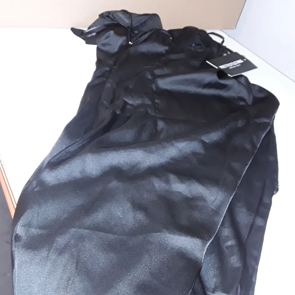 BLACK SCRAPPY DRAPE FRONT SATIN MIDI DRESS UK SIZE 8 