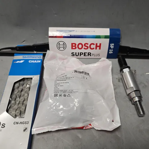 APPROXIMATELY 6 ASSORTED ITEMS TO INCLUDE - BOSCH SUPER PLUS SO 16 , SHIMANO CHAIN 9S ETC