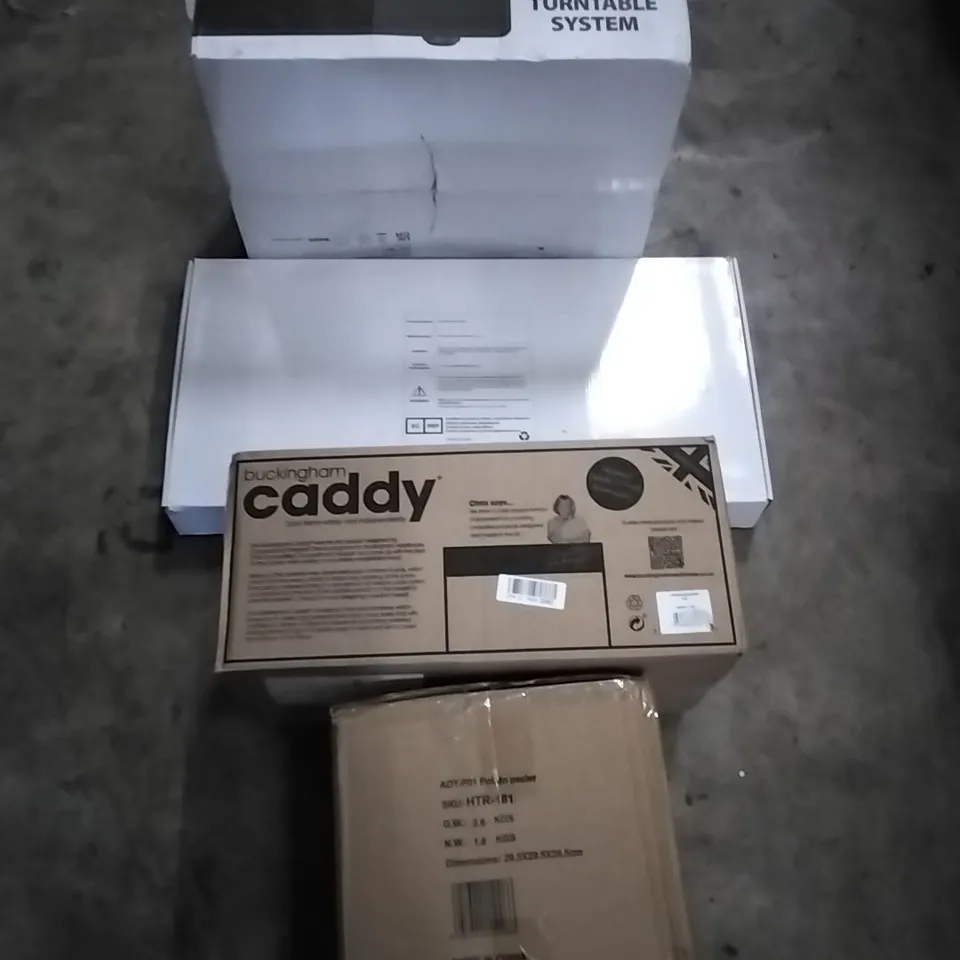 PALLET OF HOUSEHOLD ITEMS TO INCLUDE TURNTABLE SYSTEM, SHOWER MIXER SYSTEM, BUCKINGHAM CADDY,POTATO PEELER AND OTHER ASSORTED ITEMS...