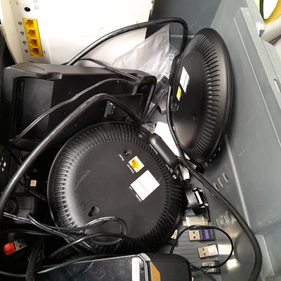 BOX OF ASSORTED HOUSE HOLD ITEMS TO INCLUDE CABLES , INTERNET BOXES