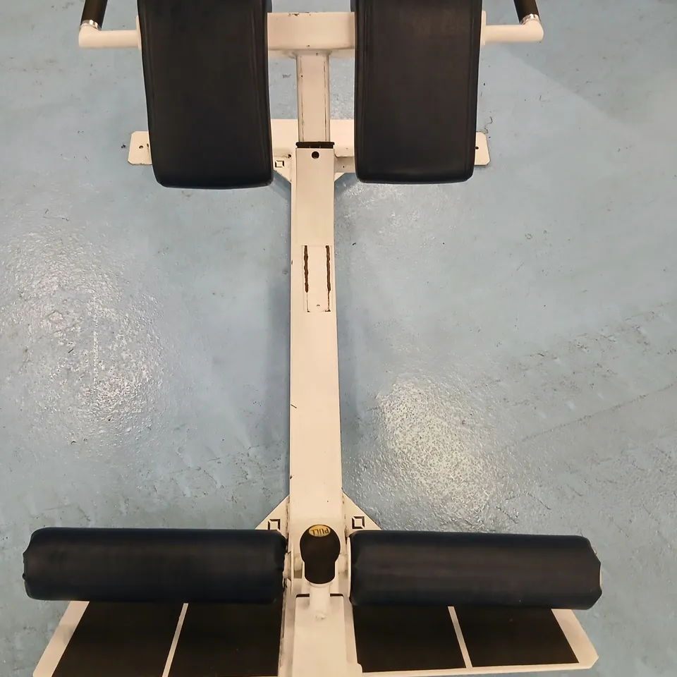 WHITE GYM LEG EXTENSION / LEG CURL BENCH WITH PADDED ROLLERS