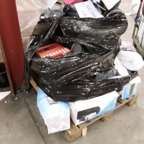 PALLET TO CONTAIN AN ASSORTMENT OF HOUSEHOLD ITEMS TO INCLUDE METAL BIN, PET CAR SEATS, YOGA MARS AND DRAFT STOPPER ECT