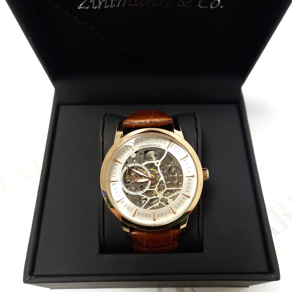 ZIHLMANN & CO GOLD EFFECT SKELETON BROWN LEATHER STRAP WRISTWATCH