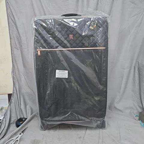 BLACK QUILTED IT SUITCASE WITH FRONT ZIP POCKET AND GOLD 'IT' LOGO