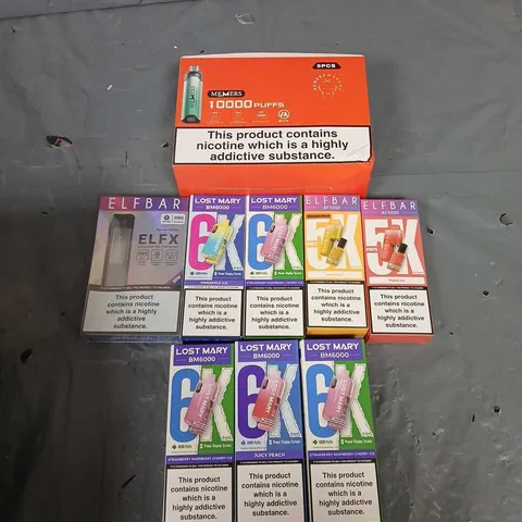 APPROXIMATELY 20 ASSORTED E-CIGARETTE & VAPING ITEMS IN VARIOUS BRANDS TO INCLUDE ELFBAR, LOST MARY, MEMERS ETC