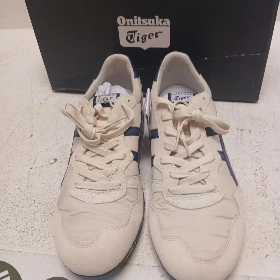 ONITSUKA TIGER SNEAKERS – BEIGE WITH NAVY STRIPES, UK 11 (US 12) – BOXED