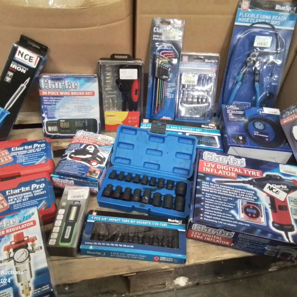 BOX CONTAINING LARGE AMOUNT OF MIXED TOOLS TO INCLUDE: 12V DIGITAL TYRE INFLATOR, STAR KEY SET, PROFESSIONAL TORX SOCKET SET, RECHARGEABLE HEADLAMP, HELMET, SOLDERING IRON ETC,