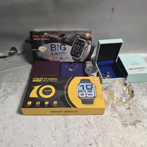 APPROXIMATELY 20 ASSORTED JEWELLERY ITEMS TO INCLUDE MONICA VINADER NECKLACE, C900 PRO MAX SMART WATCH, MIORE NECKLACE, ETC