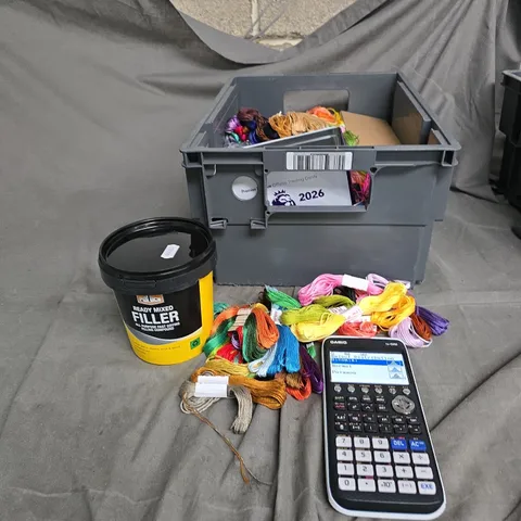 APPROXIMATLEY 20 ITEMS OF ASSORTED EMBROIDERY FLOSS THREADS A SCIENTIFIC CALCULATER AND VARIOUS HOUSEHOLD ITEMS .