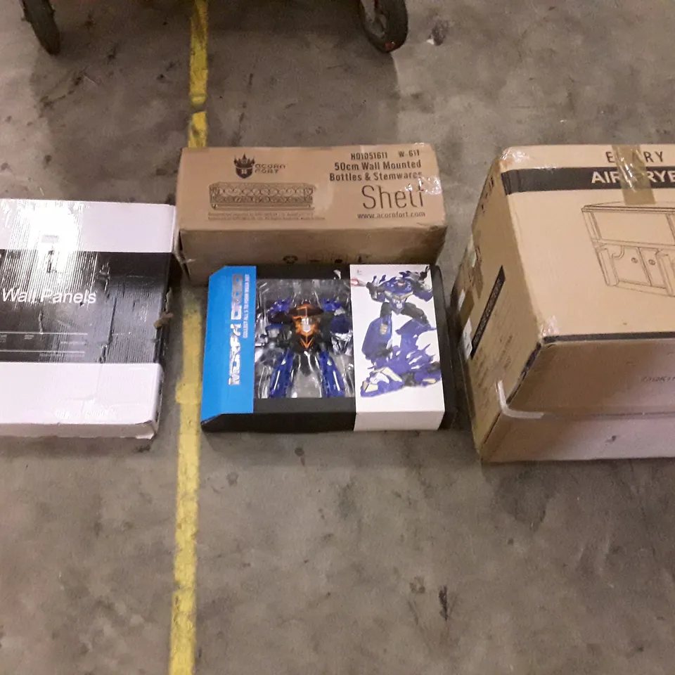 PALLET OF ASSORTED PRODUCTS TO INCLUDE; 3D WALL PANELS - AIR FRYER - WALL MOUNTED BOTTLES & STEMWIRES ECT