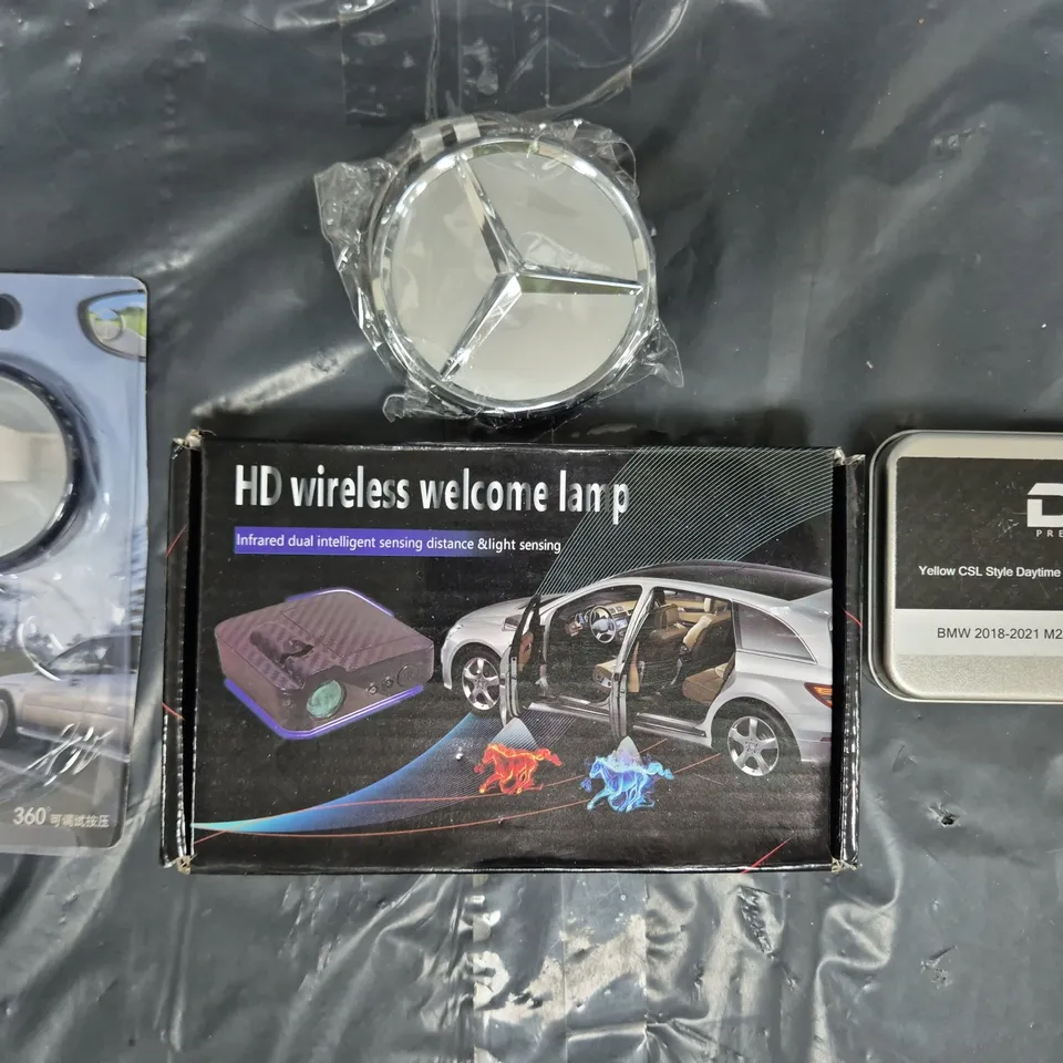 APPROXIMATELY 10 ASSORTED VEHICLE PARTS AND ACCESSORIES TO INCLUDE DAYTIME RUNNING LIGHTS LED MODULE SET, HD WIRELESS WELCOME LAMP, ETC - COLLECTION ONLY