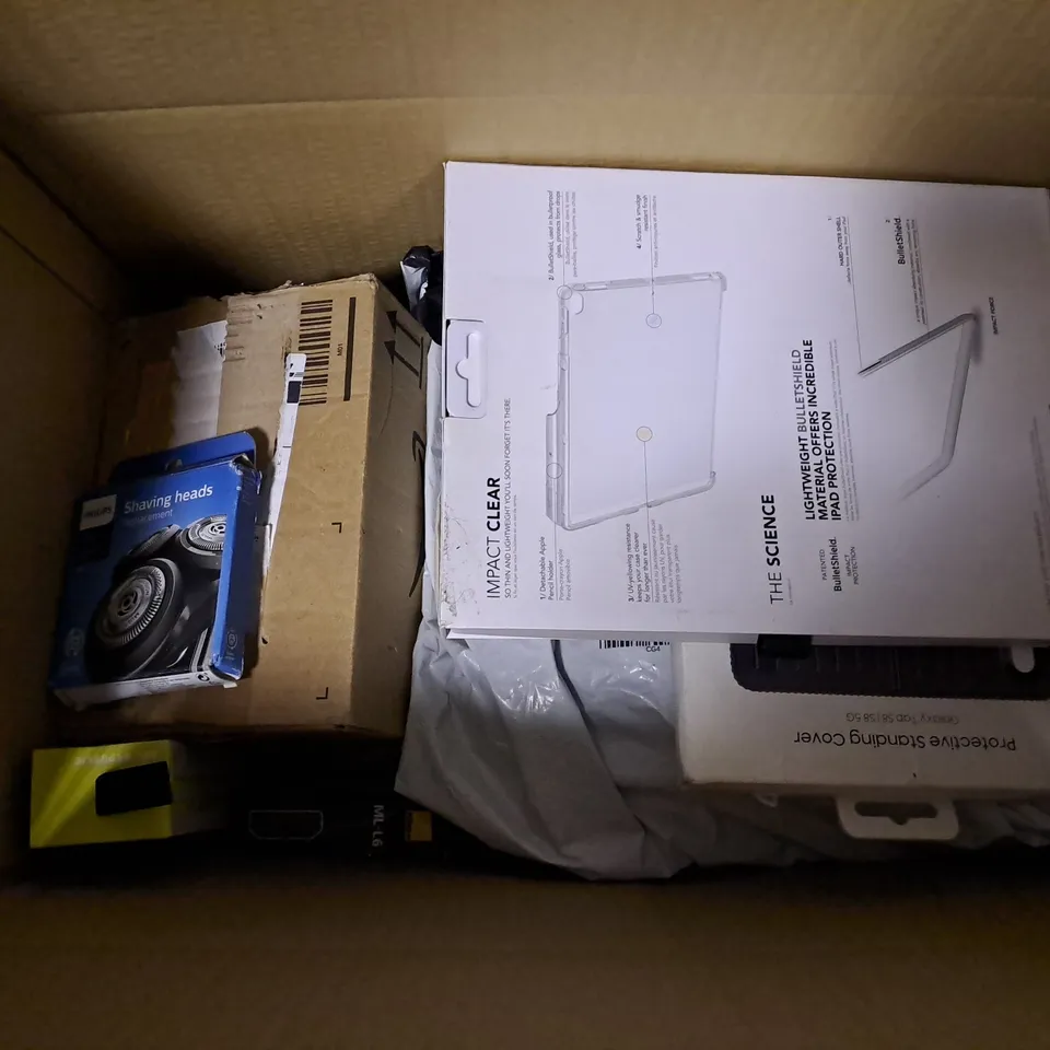 BOX OF APPROX 13 ASSORTED ITEMS TO INCLUDE -PHILIPS LED WARM WHITE , OTTER SYMMETRY GOOGLE PIXEL 4 CASE , FITBIT IONIC ETC