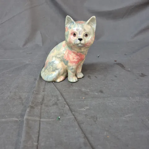 CERAMIC CAT FIGURINE WITH PASTEL MARBLED GLAZE