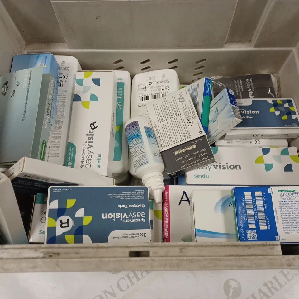 BOX TO CONTAIN APPROX. 20 X ASSORTED VISION CARE PRODUCTS. INCLUDES CONTACT LENSES AND CLEANING SOLUTION - COLLECTION ONLY