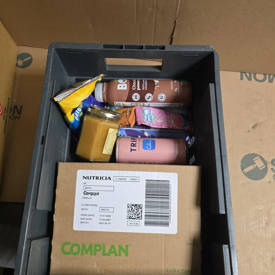 A TOTE OF APROXIMATELY 10 ITEMS TO INCLUDE YORKSHIRE HONEY, A BOX NUTRICIA COMPLAN AND DRINKS