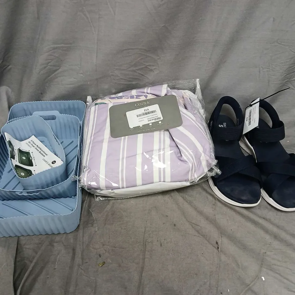 BOX OF APPROX 10 ASSORTED HOUSEHOLD ITEMS TO INCLUDE - AIR FRYER LINERS - SKECHERS SANDALS - COZEE HOME DOUBLE BEDSET - ETC