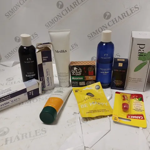 LOT OF BEAUTY PRODUCTS TO INCLUDE THE BODY SHOP HAIR & BODY WASH, ESTEE LAUDER DOUBLE WEAR MAKEUP, ETC