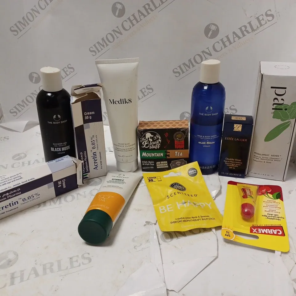 LOT OF BEAUTY PRODUCTS TO INCLUDE THE BODY SHOP HAIR & BODY WASH, ESTEE LAUDER DOUBLE WEAR MAKEUP, ETC