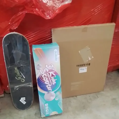 PALLET OF ASSORTED HOUSEHOLD GOODS AND PRODUCTS TO INCLUDE;KIDS SCOOTER,SKATEBOARD,PICTURE FRAME 