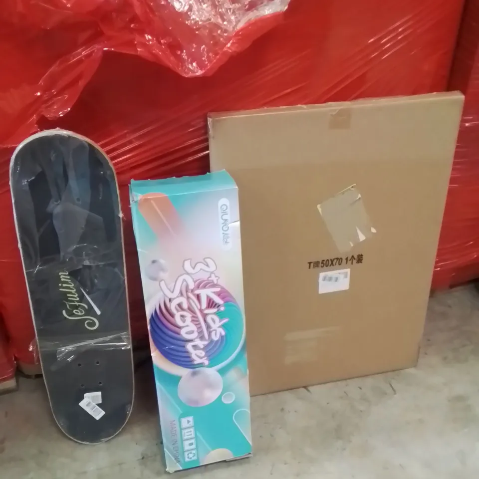 PALLET OF ASSORTED HOUSEHOLD GOODS AND PRODUCTS TO INCLUDE;KIDS SCOOTER,SKATEBOARD,PICTURE FRAME 