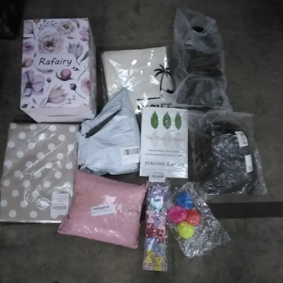 PALLET OF ASSORTED ITEMS INCLUDING MANAGING PCOS FOR DUMMIES, PICTURE IT IN CROSS STITCH,VINYL TABLE CLOTH, RAFAIRY, THE THREE CULTURES, 12 PIECE HAIR CLIPS