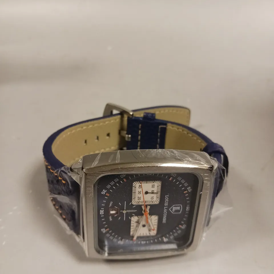 MENS LOUIS LACOMBE WATCH – SQUARE DIAL WITH WHITE SUB DIALS – LEATHER STRAP