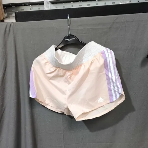 ADIDAS RUNNING SHORTS – PINK WITH PURPLE SIDE STRIPES, UK 8-10 (WOMEN)