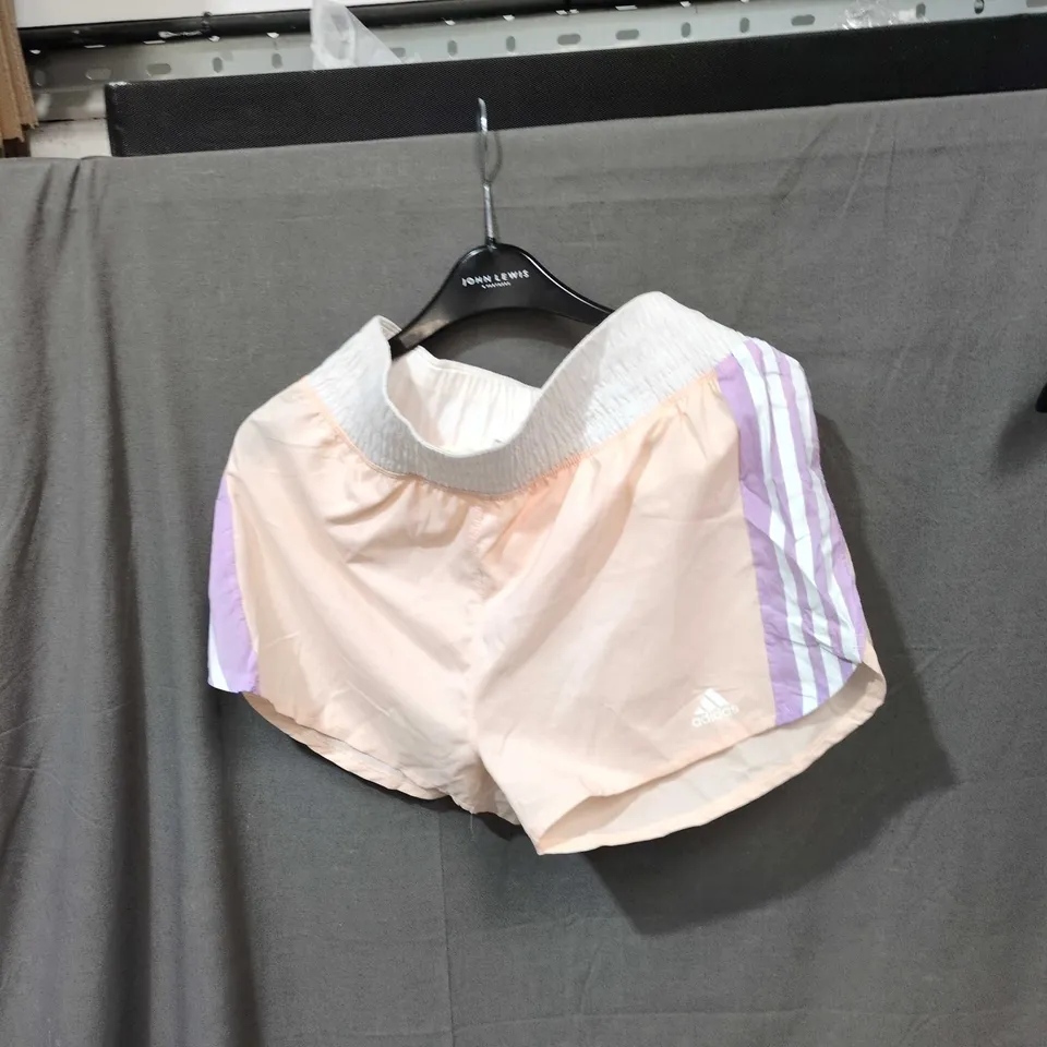 ADIDAS RUNNING SHORTS – PINK WITH PURPLE SIDE STRIPES, UK 8-10 (WOMEN)