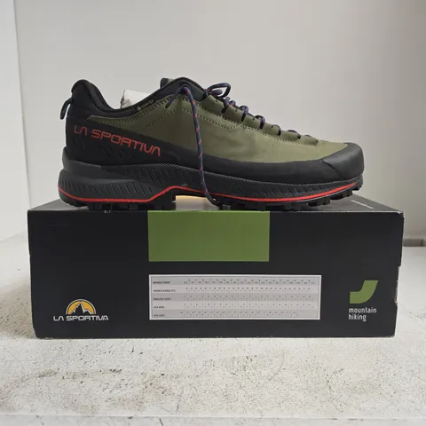 BOXED PAIR OF LA SPORTIVA HIKING SHOES IN SAGE/BLACK/RED SIZE UK 10
