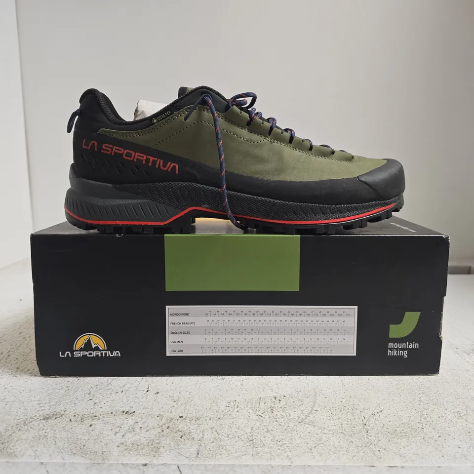BOXED PAIR OF LA SPORTIVA HIKING SHOES IN SAGE/BLACK/RED SIZE UK 10