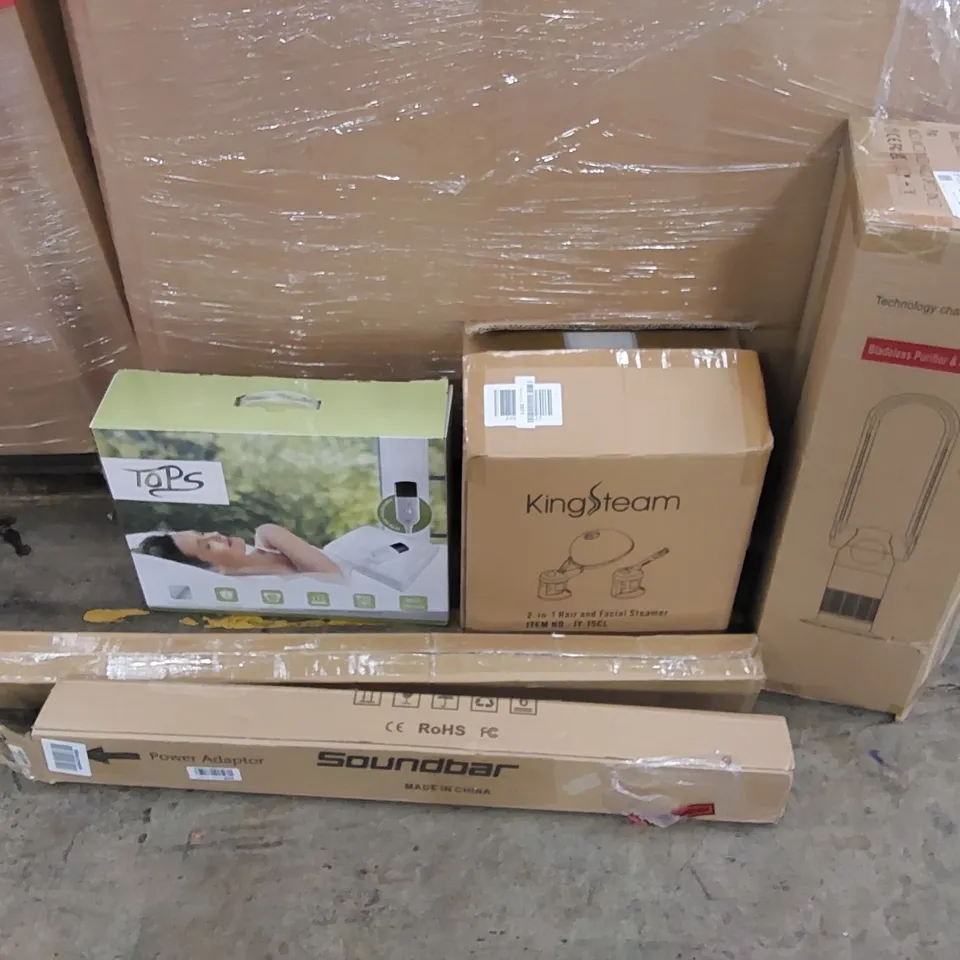 PALLET OF ASSORTED ITEMS INCLUDING: PURIFIER & HEATER FAN, ELECTRIC BLANKET, HAIR AND FACIAL STEAMER, SOUNDBAR, CURTAIN RAIL