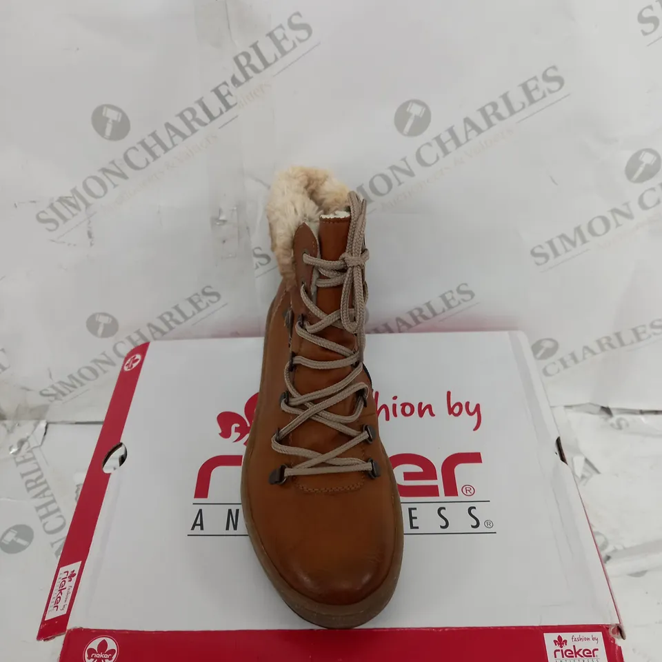 BOXED PAIR OF RIEKER LACE UP ANKLE BOOTS - TAN - UK SIZE 5