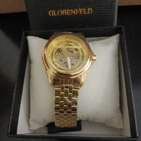 GLOBENFIELD GOLD-TONE SKELETON DIAL AUTOMATIC WATCH – BRACELET, BOXED
