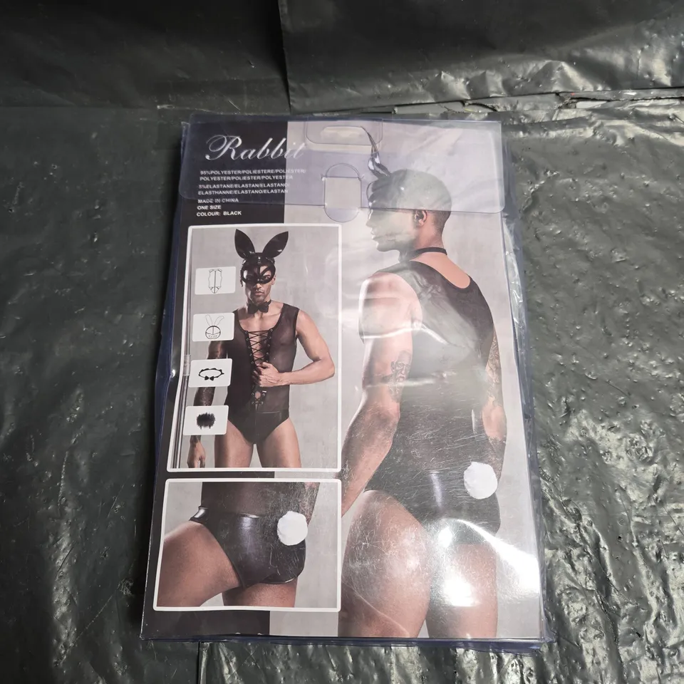 RABBIT MAN COSTUME SET – FETISH BUNNY MASK & LACED BODYSUIT (ONE SIZE), BLACK