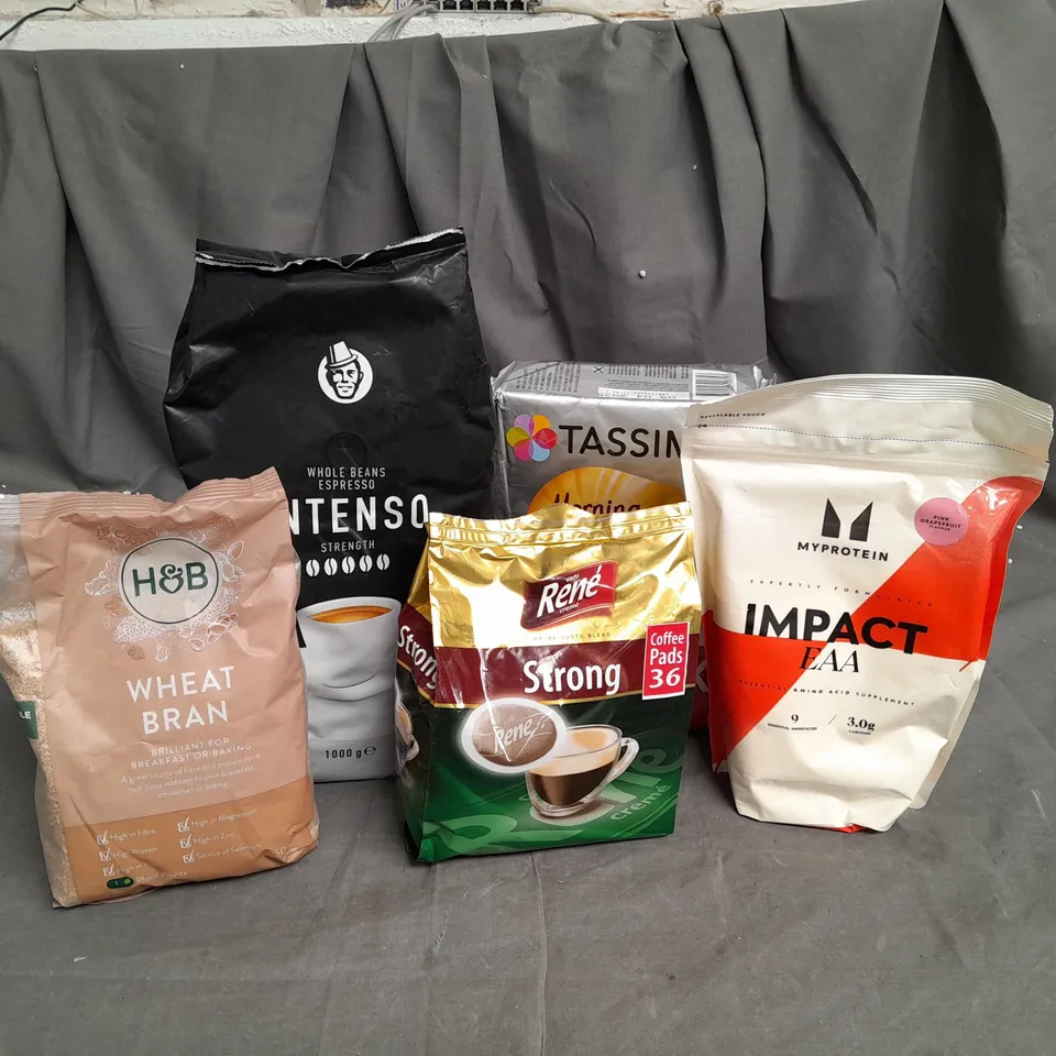 15 ASSORTED FOOD ITEMS TO INCLUDE MY PROTEIN PINK GRAPEFRUIT FLAVOURED EAA, H&B WHEAT BRAN, WHOLE BEANS ESPRESSO (1KG), TASSIMO MORNING CAFE PODS AND CAFE RENE CREME STRONG COFFEE PADS- COLLECTION ONL