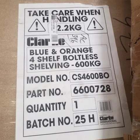 BOXED CLARKE CS4600BO HEAVY DUTY BOLTLESS SHELVING - BLUE & ORANGE (3 BOXES)