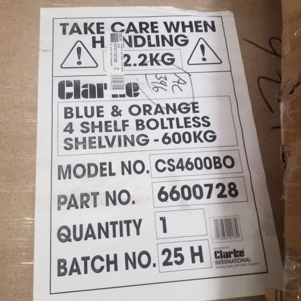 BOXED CLARKE CS4600BO HEAVY DUTY BOLTLESS SHELVING - BLUE & ORANGE (3 BOXES)