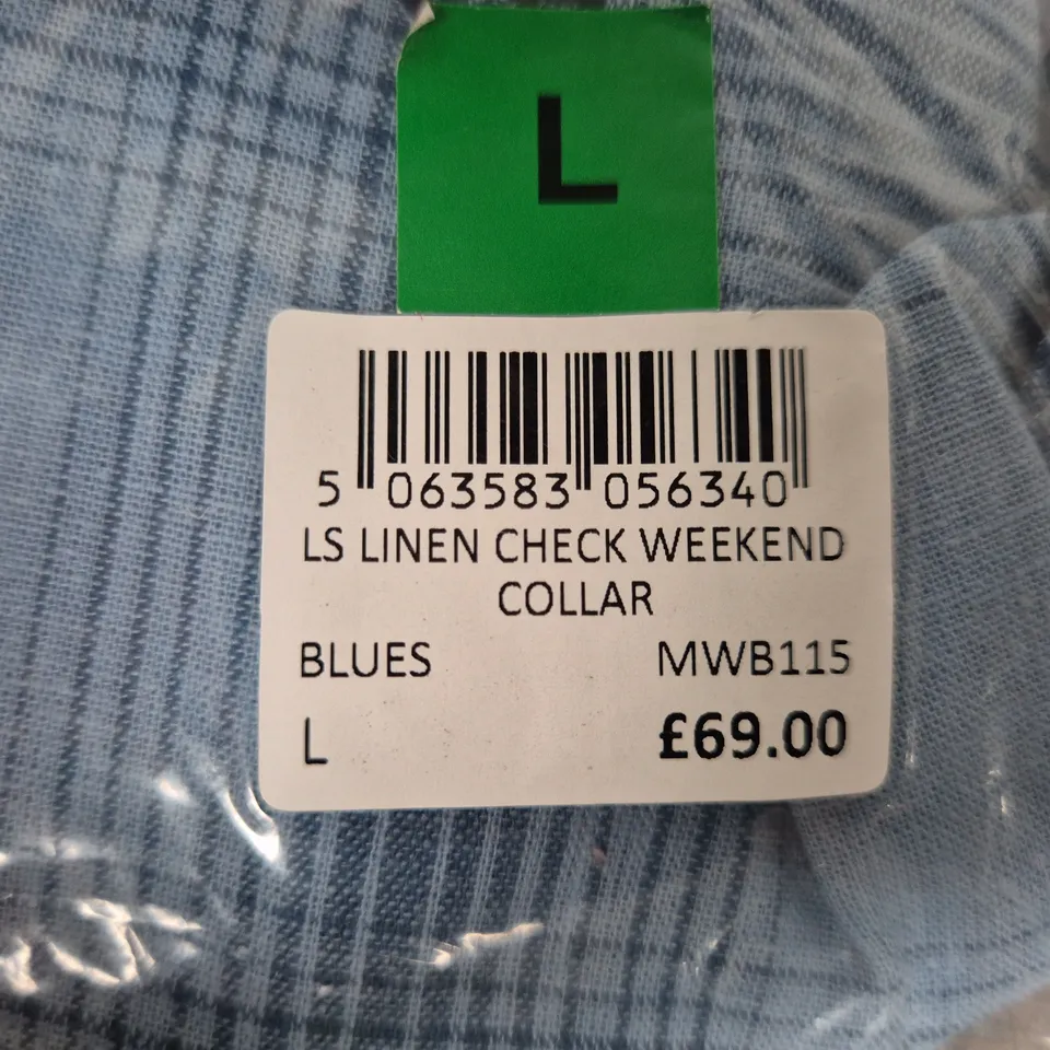 CREW CLOTHING COMPANY LINEN CHECK SHIRT – LIGHT BLUE, LONG SLEEVE, WEEKEND COLLAR, UK L