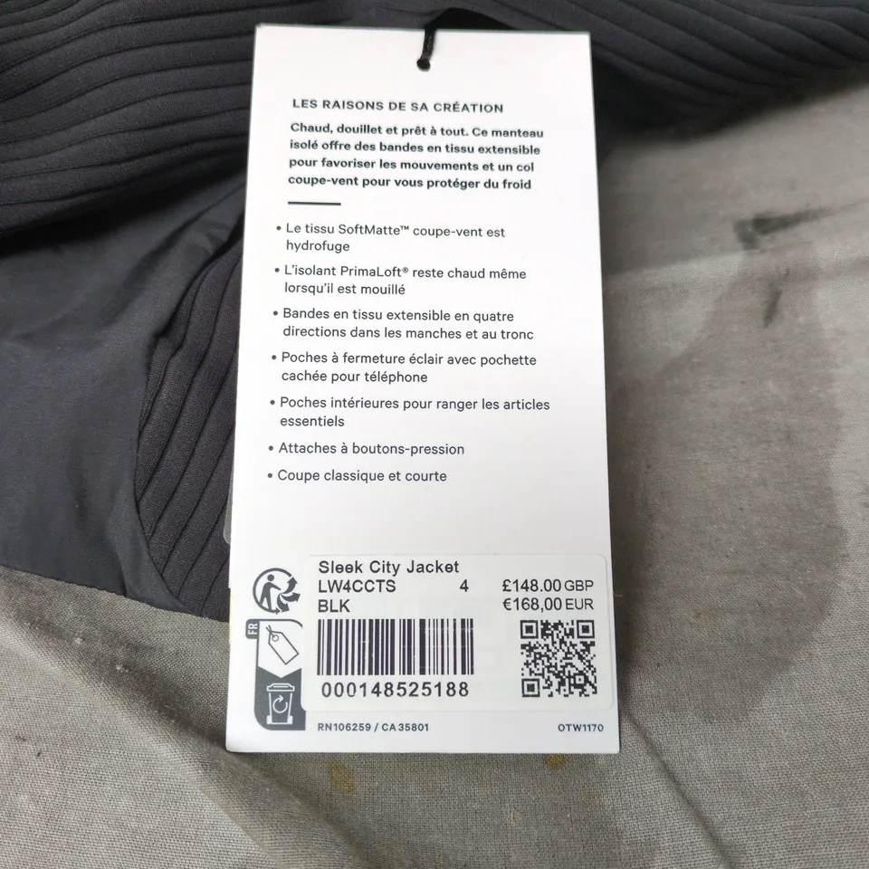 LULULEMON SLEEK CITY JACKET - BLACK, PRIMALOFT INSULATION, WATER-REPELLENT (UK 4)