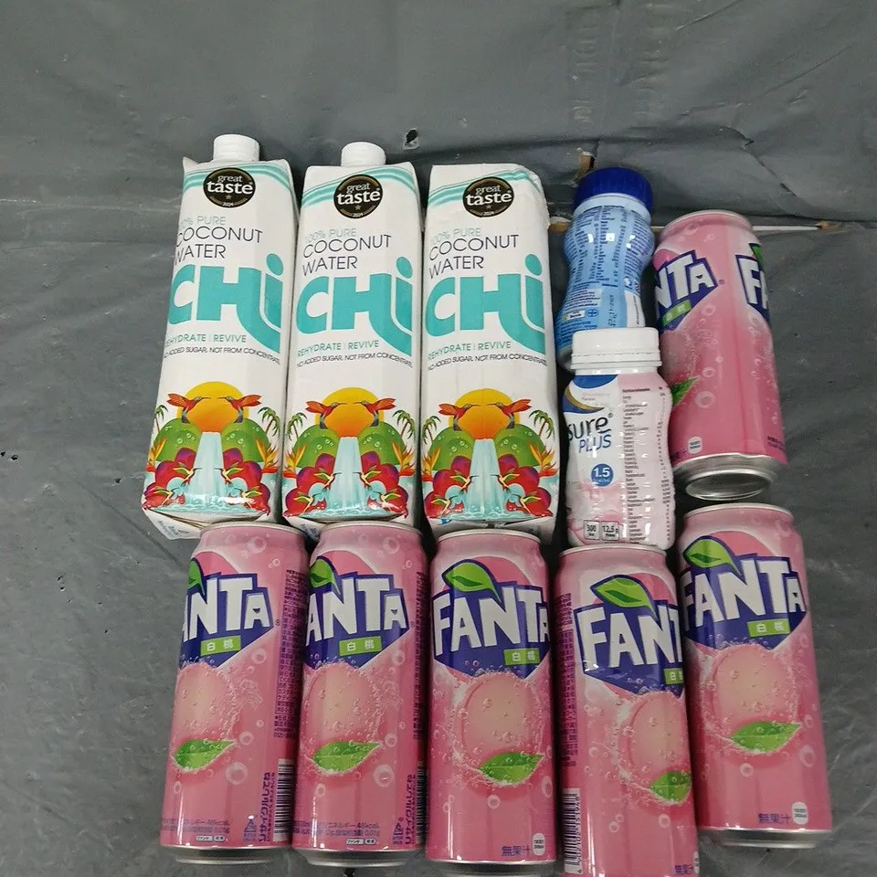 TOTE OF APPROXIMATELY 10 ASSORTED DRINKS ITEMS TO INCLUDE - COCONUT WATER, SURE PLUS SHAKE, AND FANTA ETC.