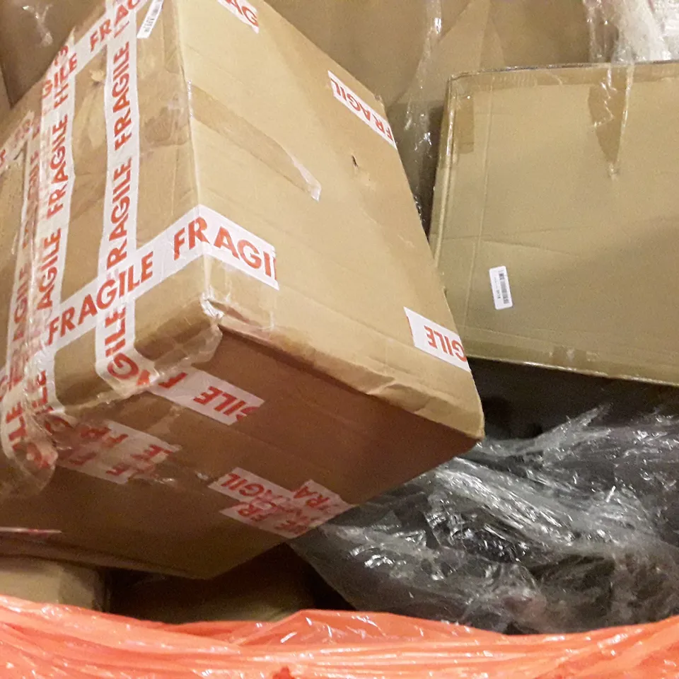 PALLET OF ASSORTED PRODUCTS INCLUDING AIR FRYER WITH VISIBLE WINDOW, NONSTICK COOKWARE SET, COUNTERBALANCE MONITOR ARM, OFFICE CHAIR