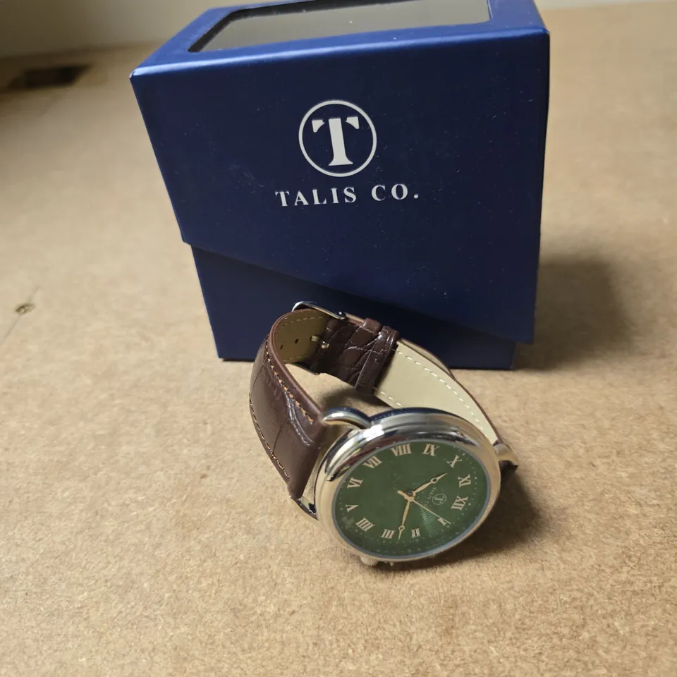 TALIS CO. WRISTWATCH – GREEN DIAL, BROWN LEATHER STRAP, BOXED