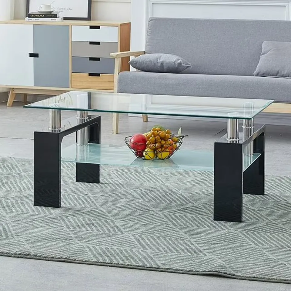 BOXED CLIPOP MODERN RECTANGLE 2-TIER COFFEE TABLE, TEMPERED GLASS SHELF, FOR LIVING ROOM,BLACK