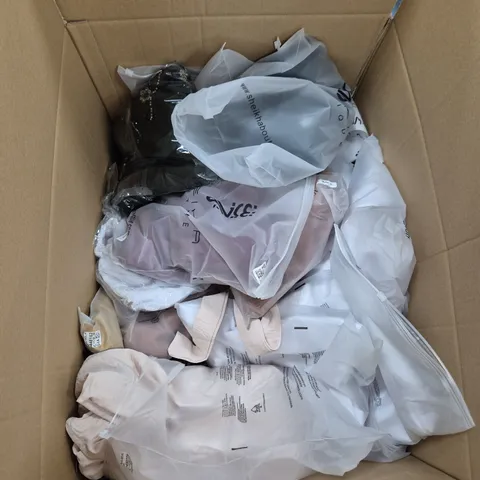 LARGE BOX OF ASSORTED CLOTHING ITEMS IN VARIOUS COLOURS, SIZES AND STYLES