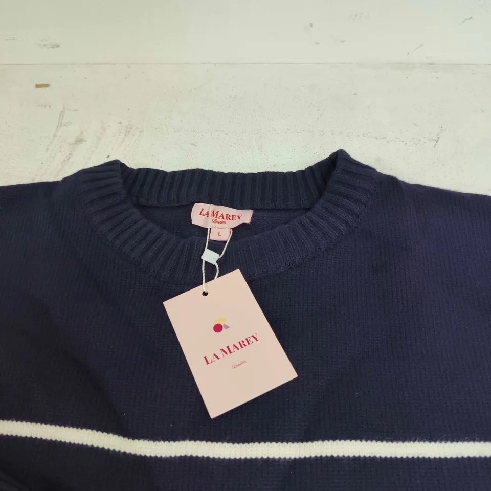 LA MAREY LARGE BLUE WITH WHITE STRIPE KNITTED JUMPER TAGGED