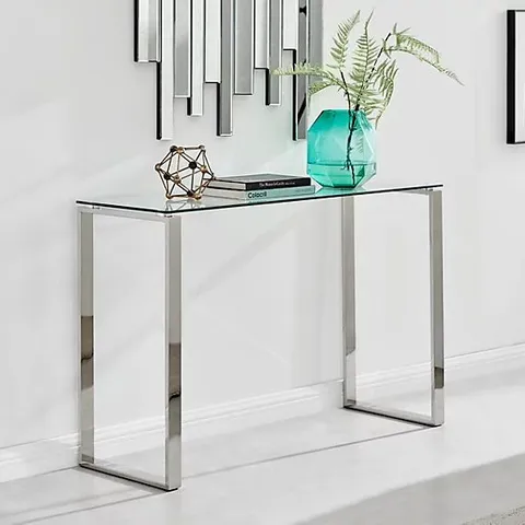 BOXED MIAMI MODERN RECTANGULAR CLEAR GLASS CONSOLE TABLE WITH SQUARE SILVER CHROME METAL LEGS FOR MINIMALIST LIVING ROOM OR HALLWAY (1 BOX)