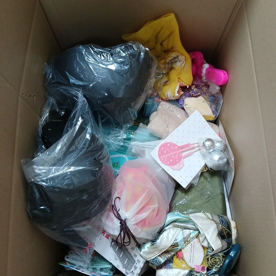 BOX OF ASSORTED ITEMS TO INCLUDE TOYS, BIKE HELMETS AND HAND PUPPETS