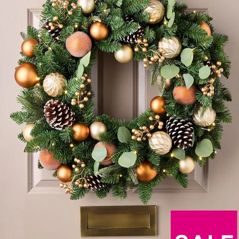 COPPER AND GOLD PRE-LIT CHRISTMAS WREATH - 80 CM