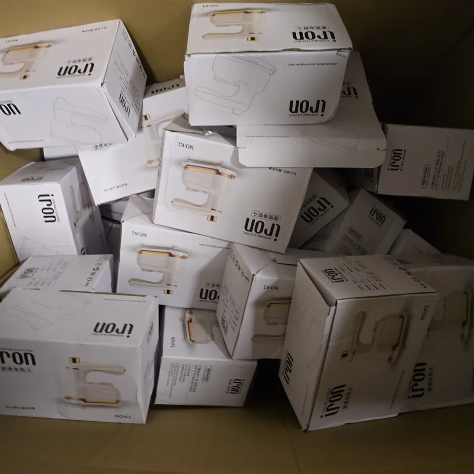 BOX OF APPROXIMATELY 20 ASSORTED PORTABLE ELECTRIC IRONS K1 